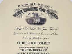 Nick Dolbin certificate from the State of Ohio recognizing 16 years of service with the Timberlake Police Department.